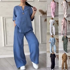 Women's fashion solid color cotton linen casual two-piece set for outerwear-