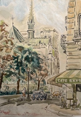 Notre Dame de Paris, Aquarell datiert 1955, Signatur zu identifizieren