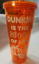 Dunkin Donuts Glow In The Dark Tumbler Cup Straw 24oz Orange Pumpkin Spice