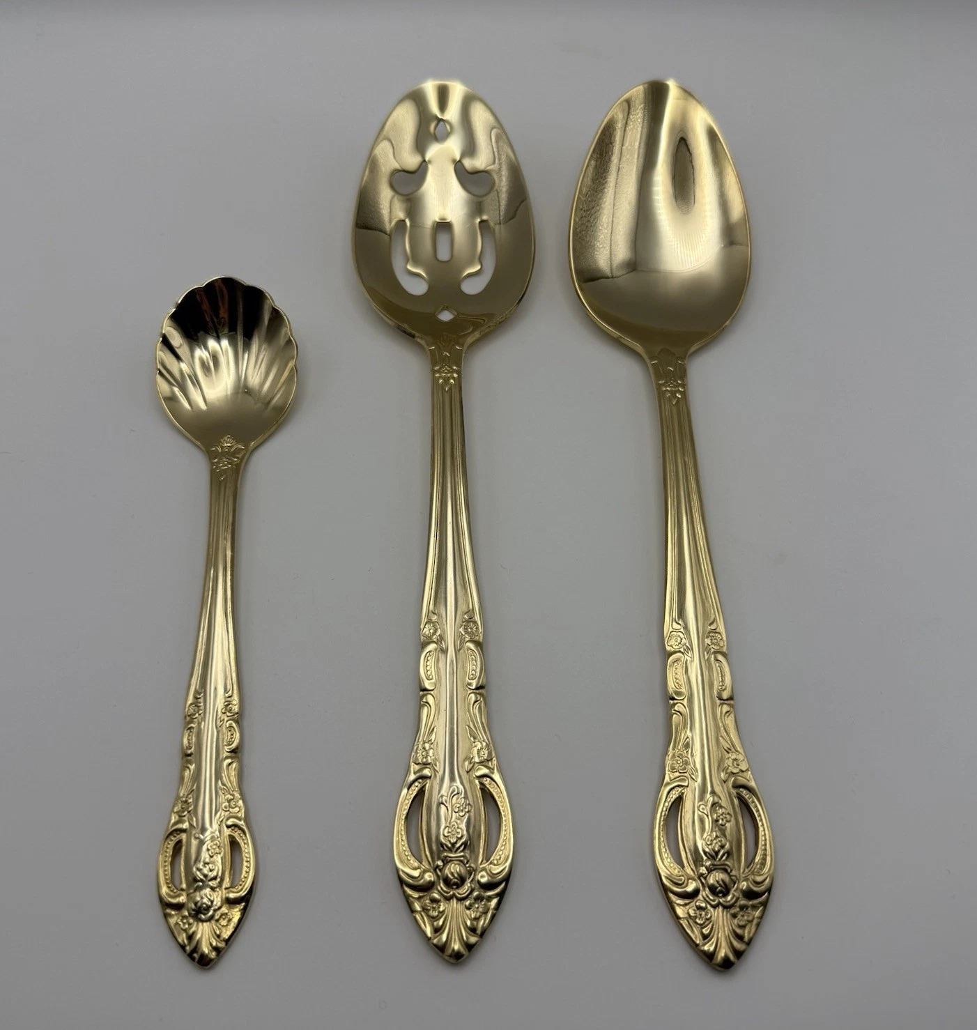 H.F. Ltd Versailles Gold Stainless Serving Spoons + Sugar Shell Lot Pierced Rose