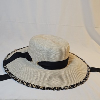 Eric Javits Aruba Straw Hat Cream Black Wide Brim Fringe UPF 50+ Packable