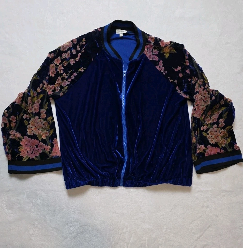 Chaqueta Bomber Umgee Azul Cobalto Terciopelo Oriental Floral Mangas Burnout Cremallera Completa L Foto 2 de 4