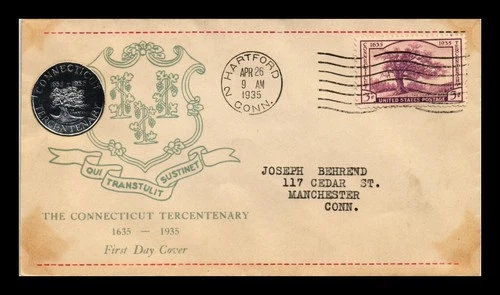 US COVER CONNECTICUT TERCENTENARY FDC SCOTT 772 EMBOSSED SEAL STAINED CORNERS