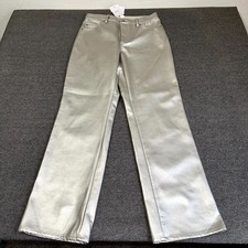 H M Vegan Leather Pants Women's Size 8 Silver High Rise Straight Leg NWT