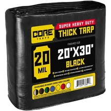 Core Tarps 20 Mil Black Tarp Cover - 20'x30' Waterproof, UV, Rip-Proof, Heavy Du
