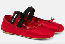 Miu Miu Satin Rosso Red Black White Logo Strap Bow Ballet Ballerina Flats 39