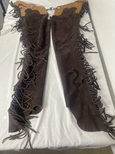 Women’s Rod’s Leather Suede Western Chaps Size 30 X 34 Fringe Brown Side Zip EUC