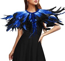 Women's Natural Feather Shawl Cape Halloween Shrug Black Green Style-2-blue