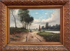 Dutch School: A Gentleman Walking Along A Track , Oil In Canvas , Signed