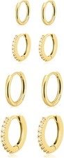 Gold Huggie Hoop Earrings Set for Women, 14K Real Plated Small...