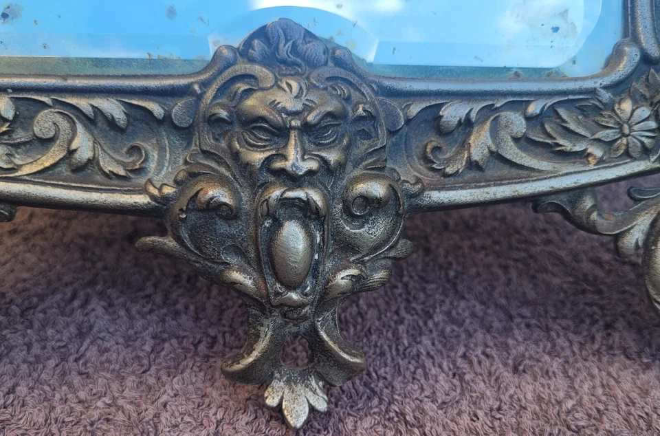 Antique miroir de table bronze argenté miroir biseauté au mercure XIXEME Bacchus - Photo 4/4