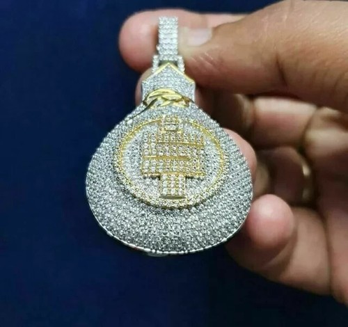 14K Yellow Gold Plated Silver 3 CT Round Cut Real Moissanite Money Bag Pendant - Picture 2 of 8