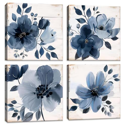 4 piece Blue Floral Wall Art White Wood Artwork 12x12inchx4pcs Blue Floral-2
