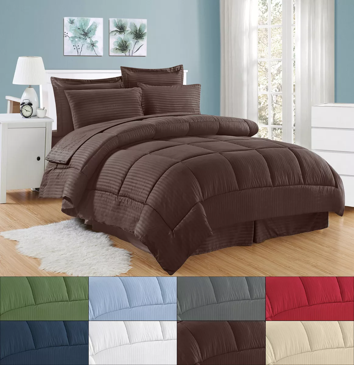 8 Piece Bed In A Bag Hotel Dobby Embossed Comforter Sheet Bed Skirt Sham Set