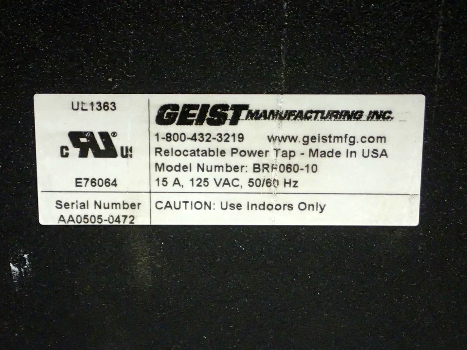 GEIST E76064 RELOCATABLE POWER TAP 6 OUTLET BRR060-10, 15A 125VAC, SURGE PROTECT - Image 3 of 4