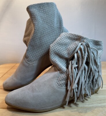 River Island Suede Leather Cowgirl Boots UK Taupe Colour Fringe