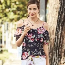 Cabi #5220 Fairytale Floral Blouse Cold Shoulder Romantic Black Pink Size XS