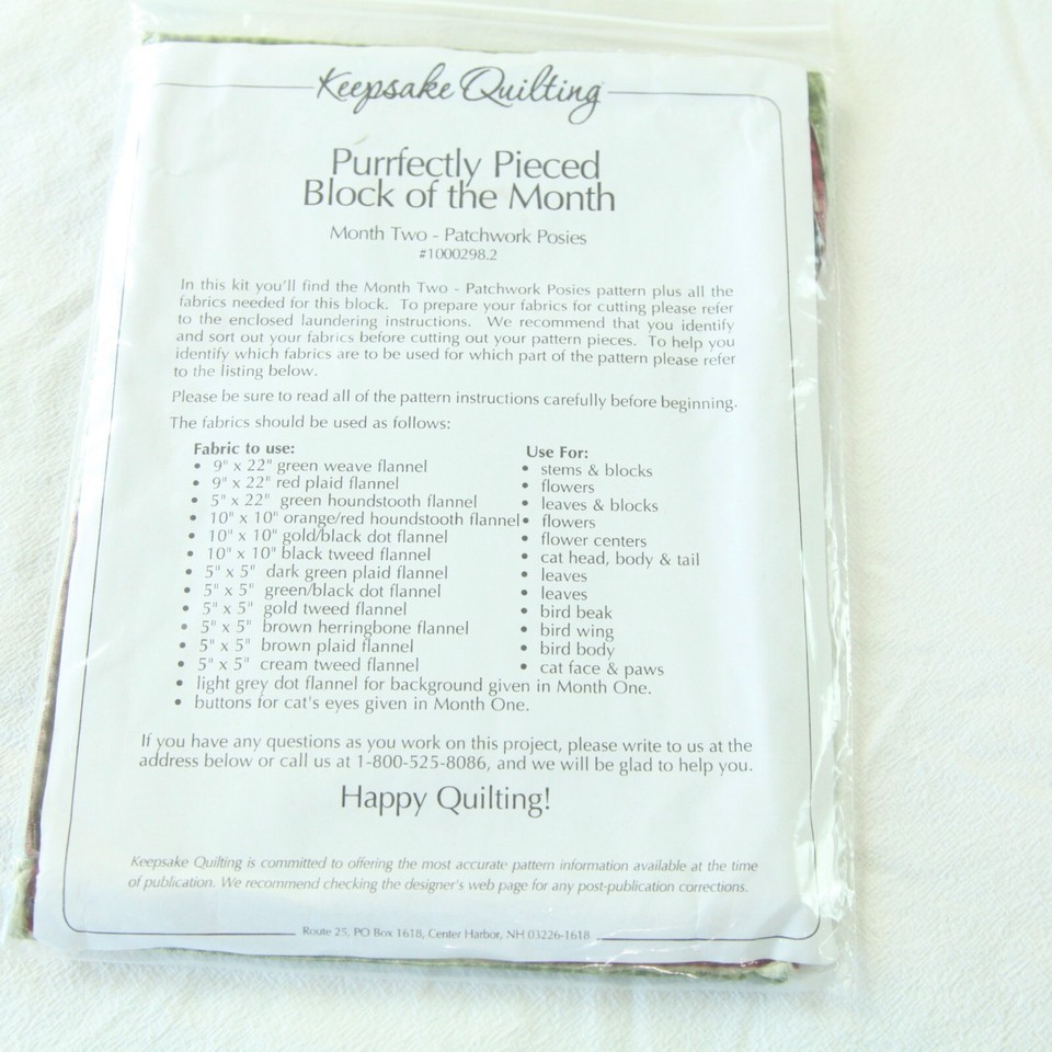 Keepsake Quilting Purrfectly Pieced BOM Quilt Kit Maywood Flannel Cat