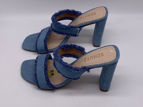 Schutz Blue Denim Amely Slip On Fringe Double Strap Mid Block Heel Mule sz 7.5 B - Picture 3 of 6