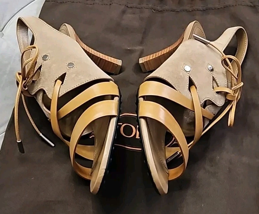 TOD’S Tod's Tods sandali con lacci in pelle scamosciata marrone tacco scarpe da donna 40 9