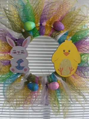 8 in Easter deco mesh wreath, Easter, eggs, pastels, mesh, holiday door decor