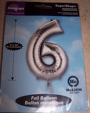 SuperShape Foil Number 6 Silver Jumbo Party Balloon NEW in PACKAGE 34 inches