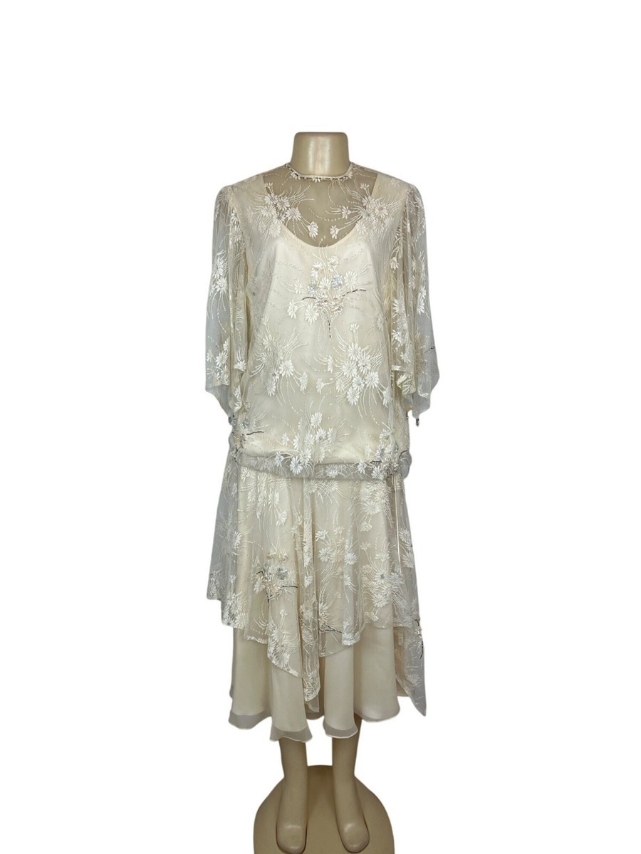 Ria di Montella Vintage Ivory Lace Overlay Dress With Floral Embroidery  Sz 12