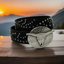 Tony Lama Cattle Skull Buckle Leather Studded Belt Size 30 C50523 NWT Rare Find!