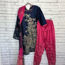 Women s Navy Pink Embroidered Salwar Kameez Set 3-Piece Indian Dupatta Boho L