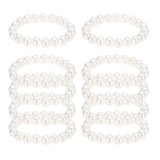 10 Pcs White Pearl Bracelets for Women, 10mm Pearl Stretch Bracelet, Beige