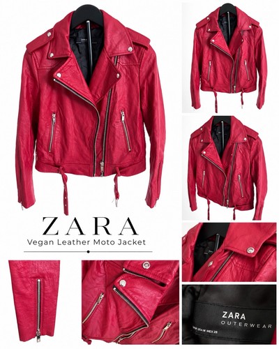 Zara Red Moto Biker Jacket Vegan Faux Leather Size Medium