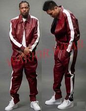 Men's PU Leather Track Suit Sweatsuit Burgundy/ White Jogging Tracksuit