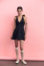 Zara Green Olive Velvet Bow Black Halter neck Mini Dress UK M