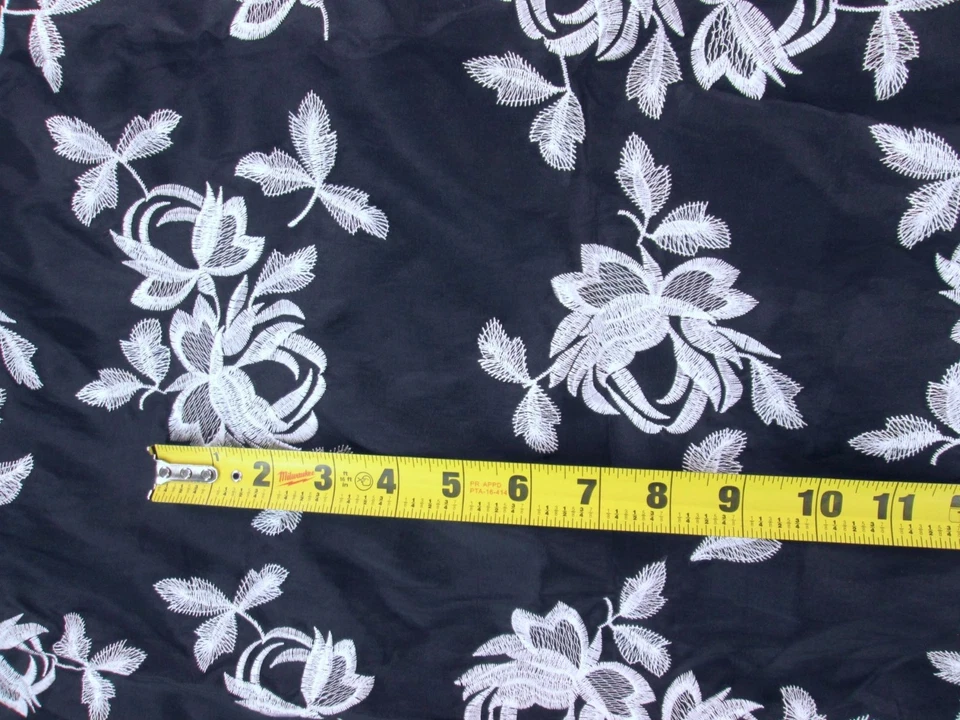 Vintage Embroidered White Rose Floral Black Taffeta Fabric Remnant 1 yd 58" Wide - Image 4 of 4