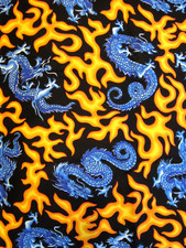 Cranston VIP Blue DRAGON Oriental Orange FLAMES Cotton Fabric 2 Yds X 44" Wide