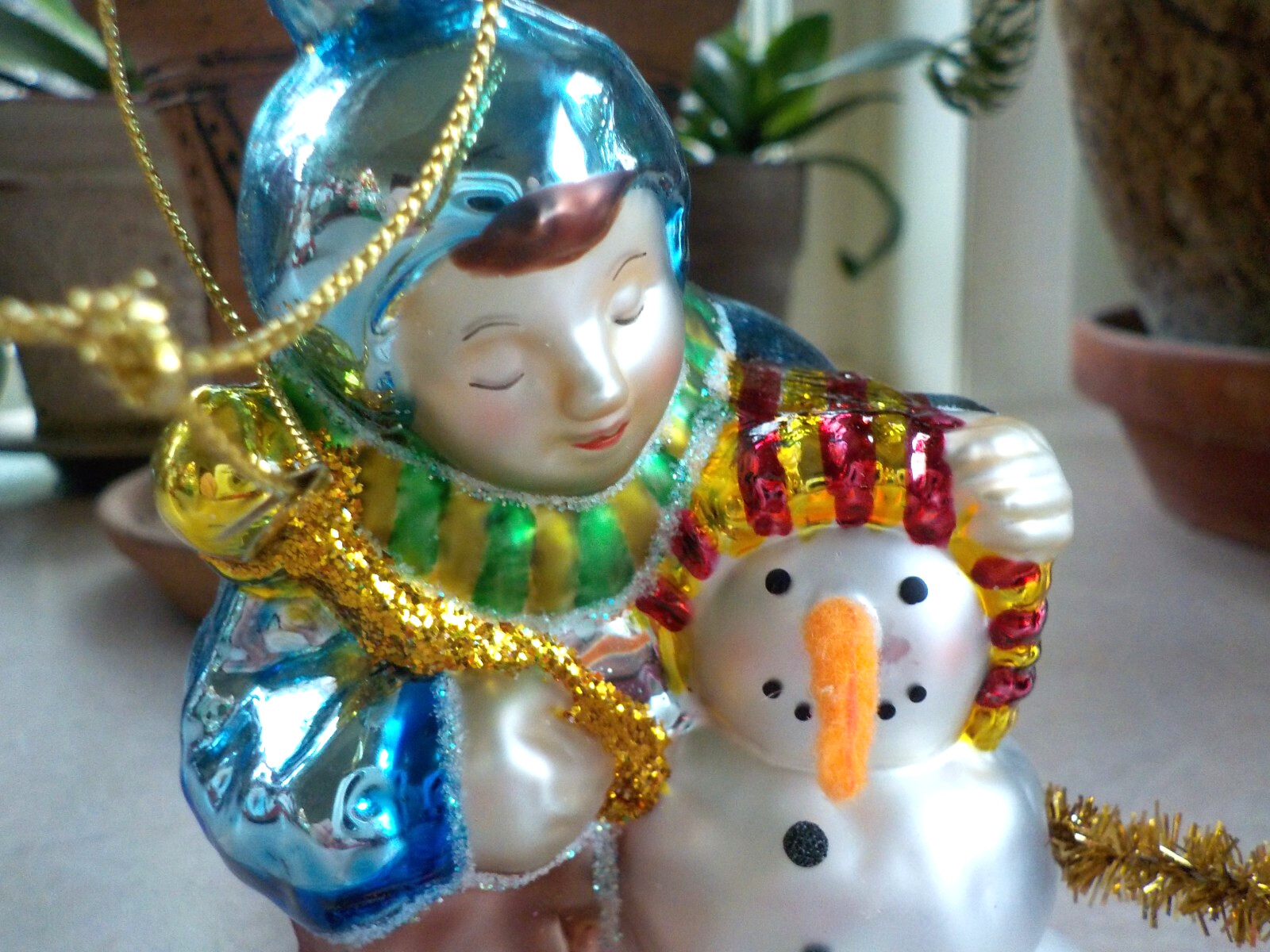 PEGGY ABRAMS Mouth Blown Hand-Painted Boy Making Snowman Christmas Ornament