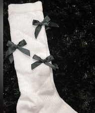 White Mid Calf Socks with Black Bows Solid Pattern for Women