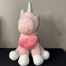 VALENTINE UNICORN PLUSH XOXO PINK  WHITE HEART SM.SILVER HEART 15" TALL