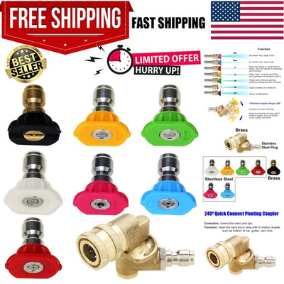 #ad High Performance Pressure Washer Kit: 7 Brass Nozzles Pivoting Coupler 4500 PSI $26.34