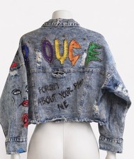 Vintage Acid Wash Embellished Denim Jacket Hand Painted Floral Studded 80s Art
