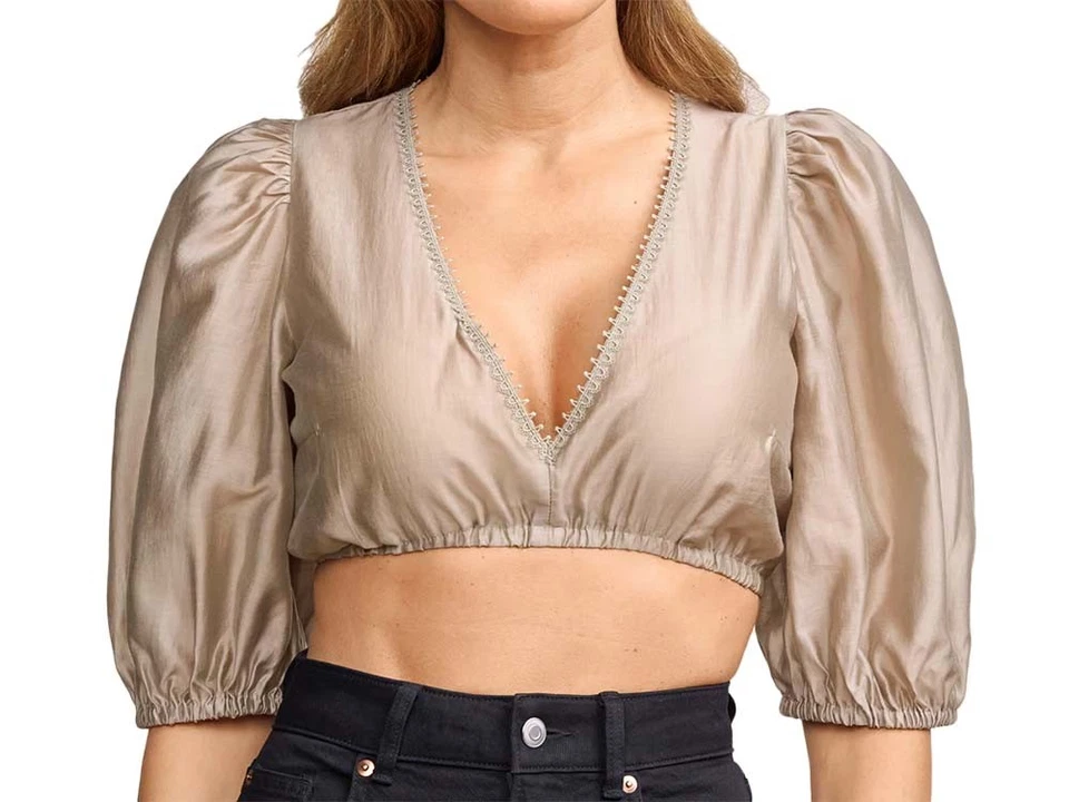 Krüger Dirndlbluse Mele halbarm schilf V-Ausschnitt Puffarm transparent - Bild 2 von 3