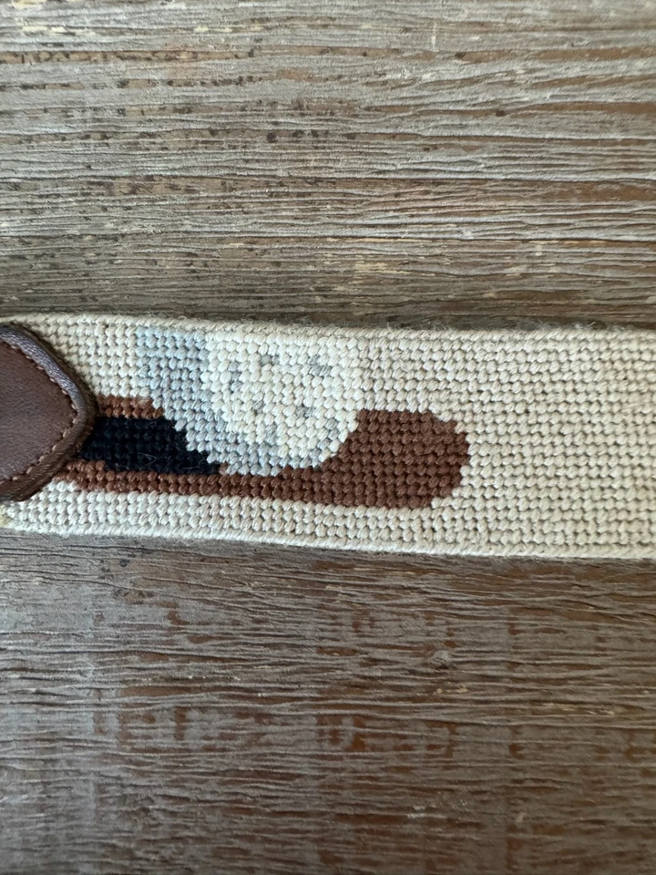 Needlepoint Embroidered Golf Theme Belt with Leather Trim and Brass Buckle - Image 4 of 4