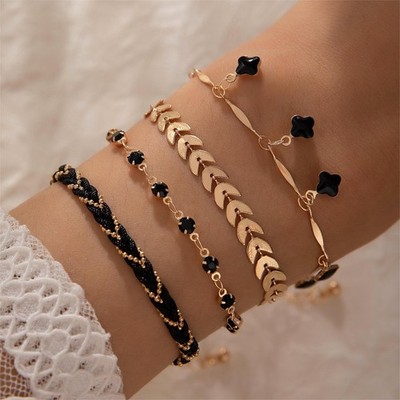   4-teiliges Damen Armband Set Schwarz Gold Boho Chic Schmuck modern Geschenk
