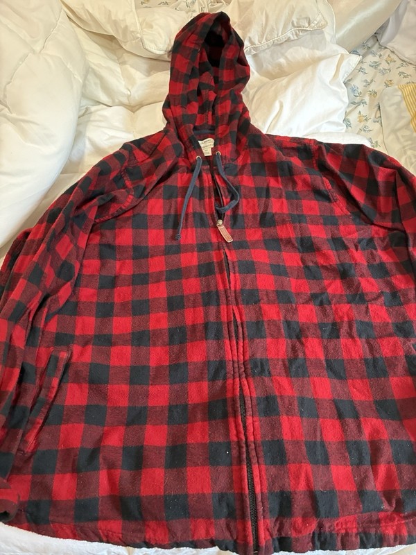 LL Bean Buffalo Check Plaid Fleece Hooded Coat Light Jacket Size M, Red/black