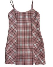 Forever 21 Pink Plaid Mini Dress Bodycon Spaghetti Strap Grunge Y2K 90s Large