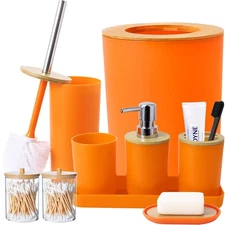 9 Pieces Orange Bathroom Accessory Set, Plastic Bathroom Accessories Set with...
