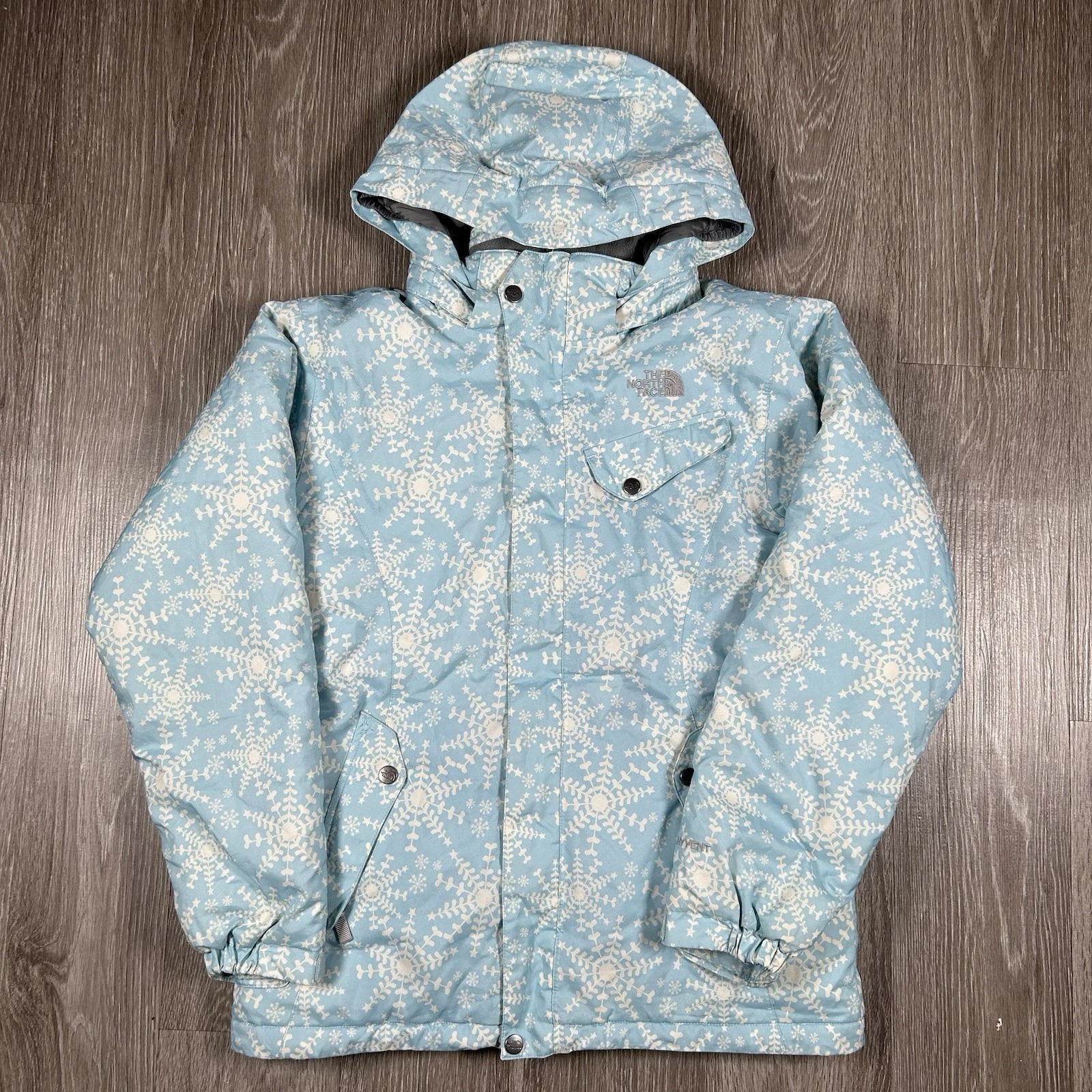 North Face HyVent Hooded Jacket, Girls, Blue, Youth XL, Snowflakes, Kids, Winter