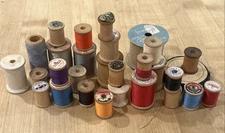 Vintage Lot of 27 Old Wooden Sewing Thread Spools W/Thread & Empty Spools