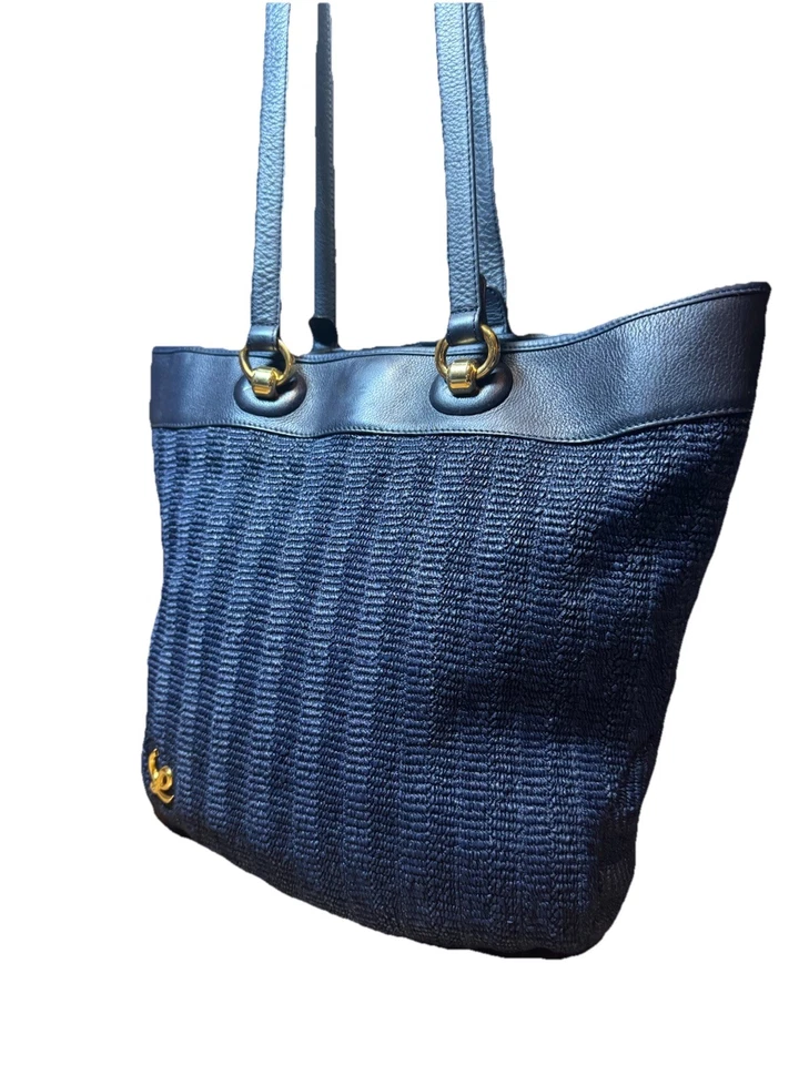 LOEWE Woven Navy Blue Tonal Striped Raffia Shoulder Bag Beach Bag Auth Vacay - Image 3 of 4