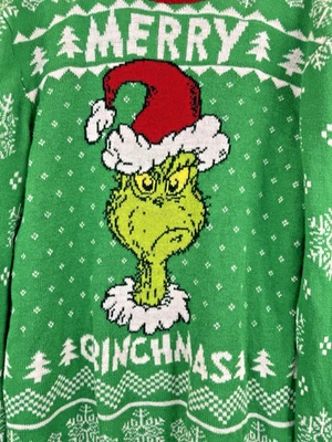 MERRY GRINCHMAS Ugly Christmas Crew Neck Sweater Size M The Grinch Green - Image 1 of 4
